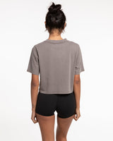 The Heavyweight Crop Tee - Washed Gray - Ethos Script - Left Chest - Tone on Tone