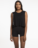 The Crop Muscle Tank - Black - Body Restoration - Front Right Stacked & Back Center Neckline - Printed - White