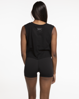 The Crop Muscle Tank - Black - Body Restoration - Front Right Stacked & Back Center Neckline - Printed - White