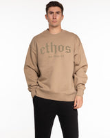 The Mens Heavyweight Crewneck - Sand - Ethos Old English - Center Chest Stacked - Tone on Tone