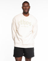 The Mens Heavyweight Crewneck - Off White - Ethos Old English - Center Chest Stacked - Tone on Tone