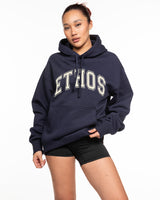 The Mens Heavyweight Hoodie - Midnight - Ethos Collegiate - Center Chest - Off White