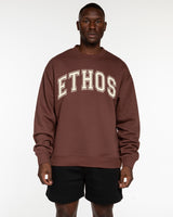 The Mens Crewneck - Chestnut - Ethos Collegiate - Center Chest - Off White