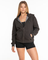 The Womens Zip Hoodie - Washed Black - Ethos Collegiate - Left Chest - Two Tone Furry
