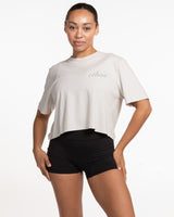 The Heavyweight Crop Tee - Washed Bone - Ethos Script - Left Chest - Tone on Tone