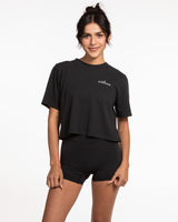 The Heavyweight Crop Tee - Washed Black - Ethos Script - Left Chest - White