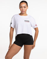 The Crop Tee - White - Ethos Racing - Left & Right Sleeve - Center Chest Stacked - Full Color
