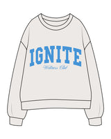 The Mens Crewneck - Bone - Ignite Barre & Fitness - Center Chest Stacked - UCLA Blue Printed