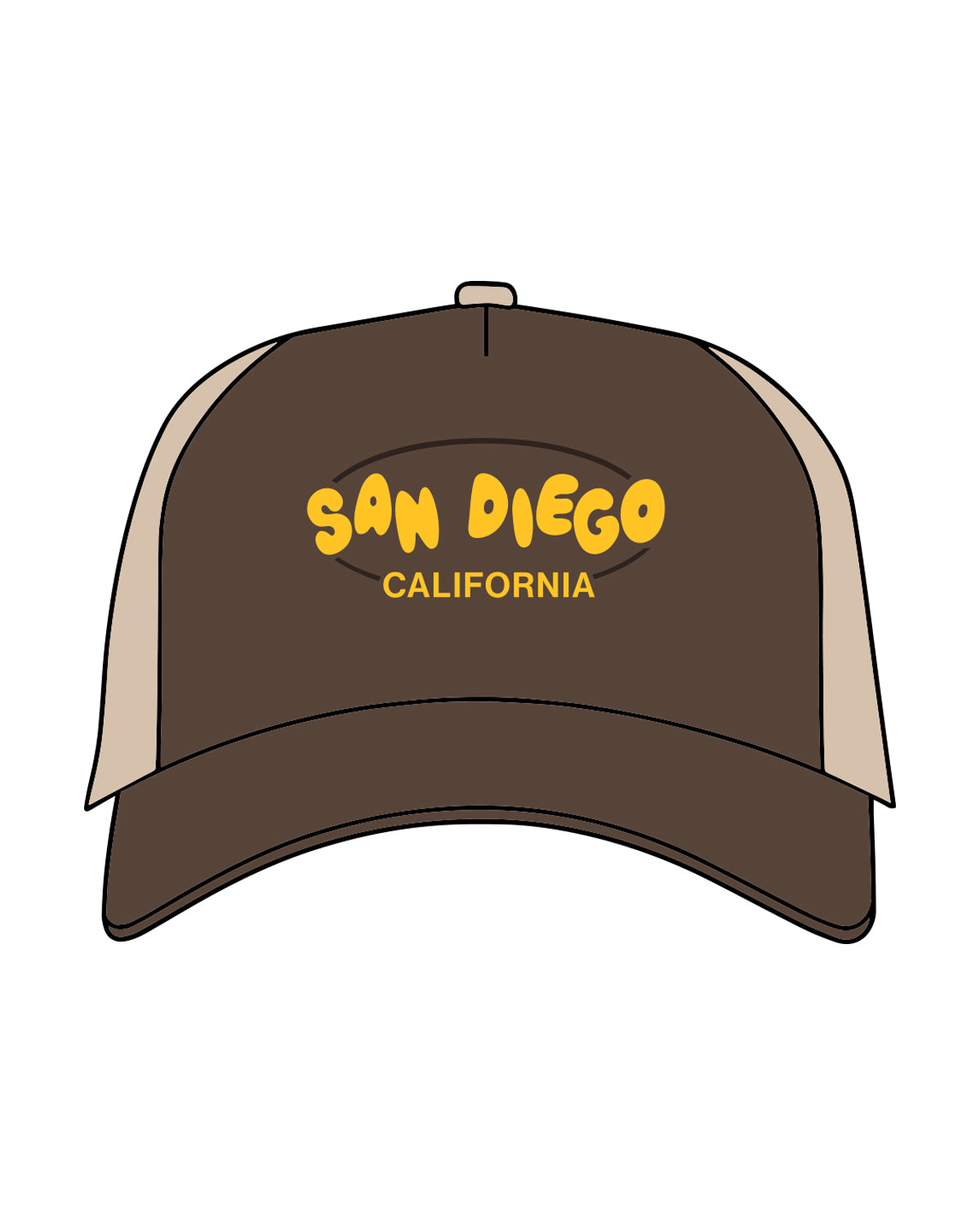 The 5 Panel Trucker Hat - Brown / Khaki - Ethos Bubble - Front Center - Full Color