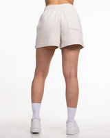 The Womens Sweat Shorts - Bone - Ethos Script - Left Leg Pocket - Tone on Tone
