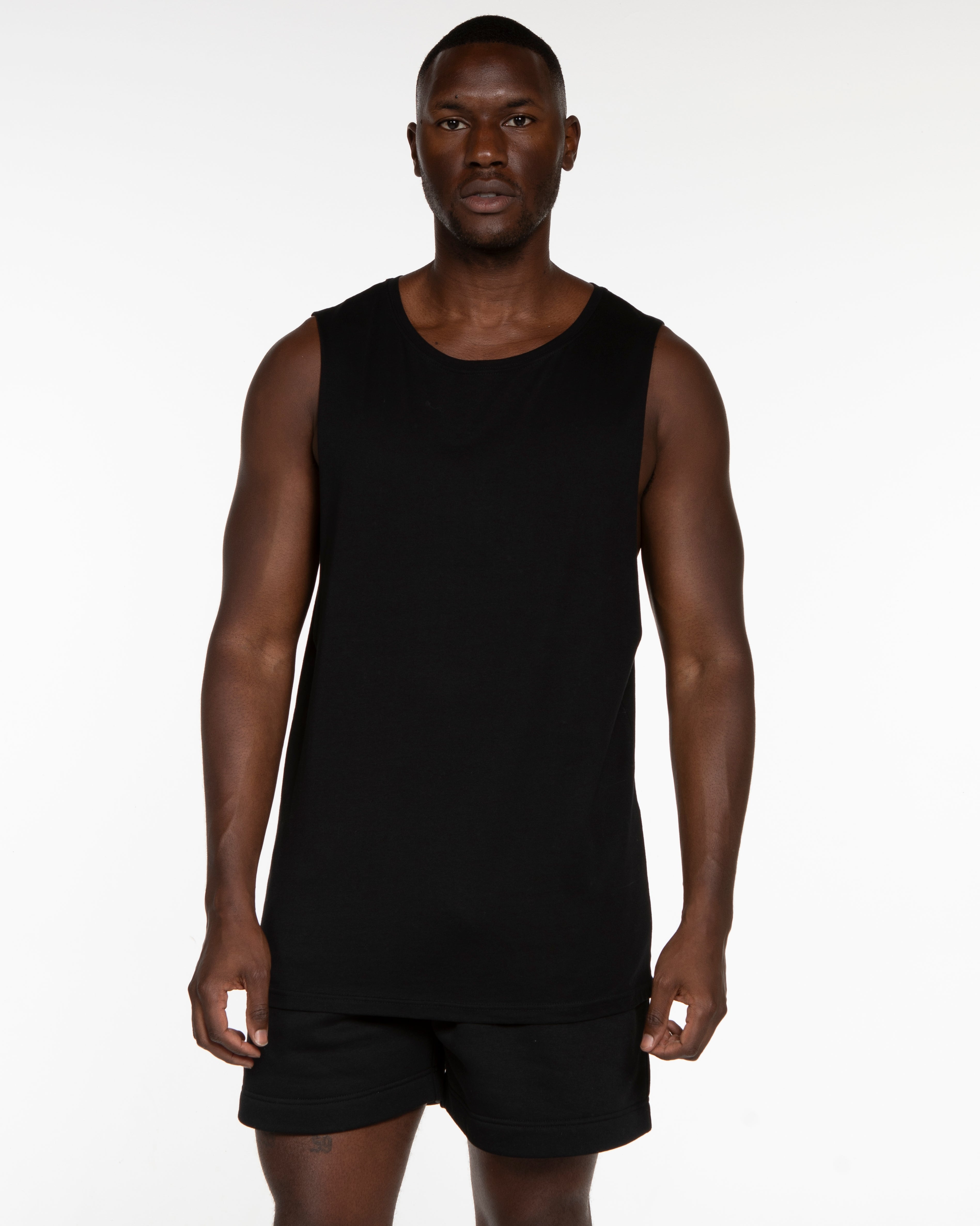 The Muscle Tank - Black - Studio 205 - Chest Stacked  & Back Stacked - Printed - White