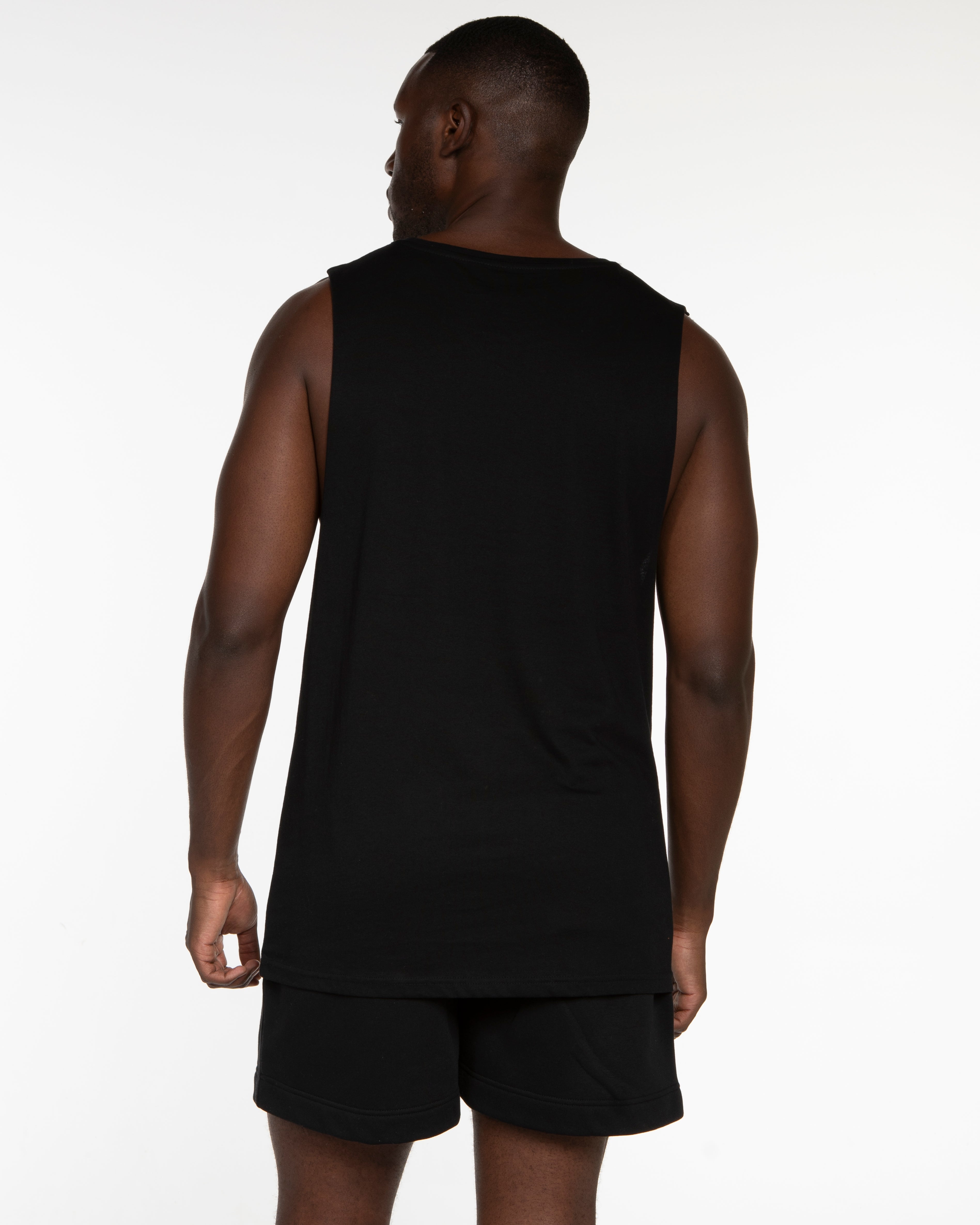 The Muscle Tank - Black - Studio 205 - Chest Stacked  & Back Stacked - Printed - White