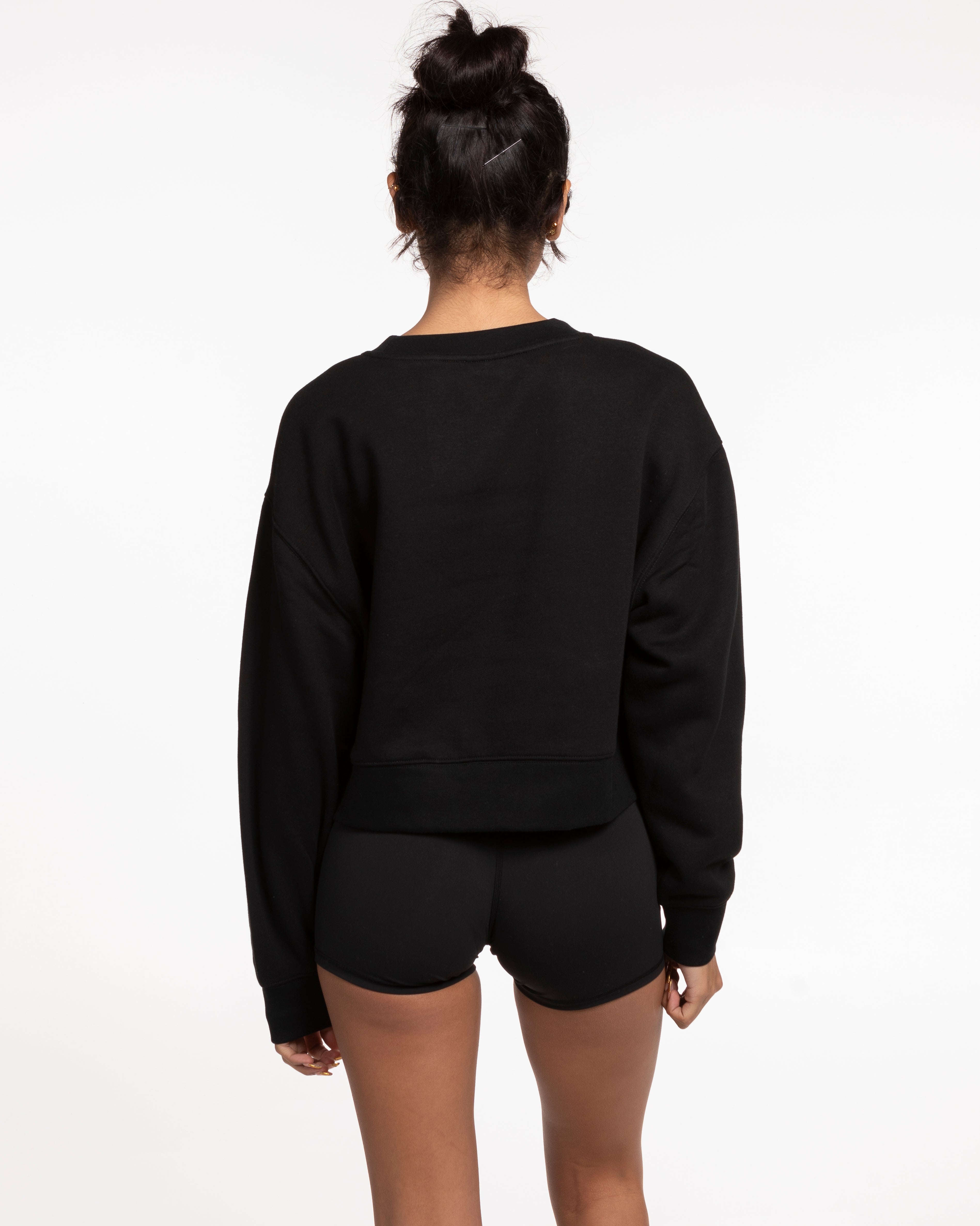 The Womens Crop Crewneck - Black - Ethos Script - Left Chest - White