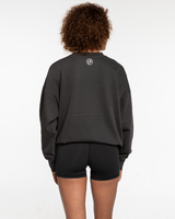The Mens Crewneck - Washed Black - Anthem Church - Center Chest & Back Neckline - White