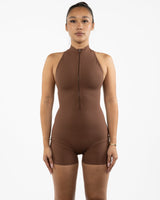 The High Neck Zip Jumpsuit - Brown - The Whole You Wellness - Back Neckline - Printed - White
