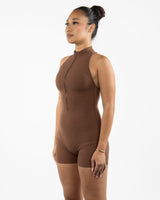 The High Neck Zip Jumpsuit - Brown - The Whole You Wellness - Back Neckline - Printed - White