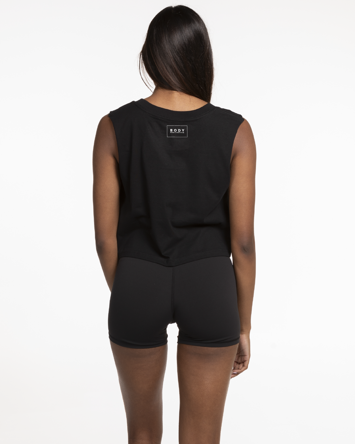 The Crop Muscle Tank - Black - Body Restoration - Front Right Stacked & Back Center Neckline - Printed - White