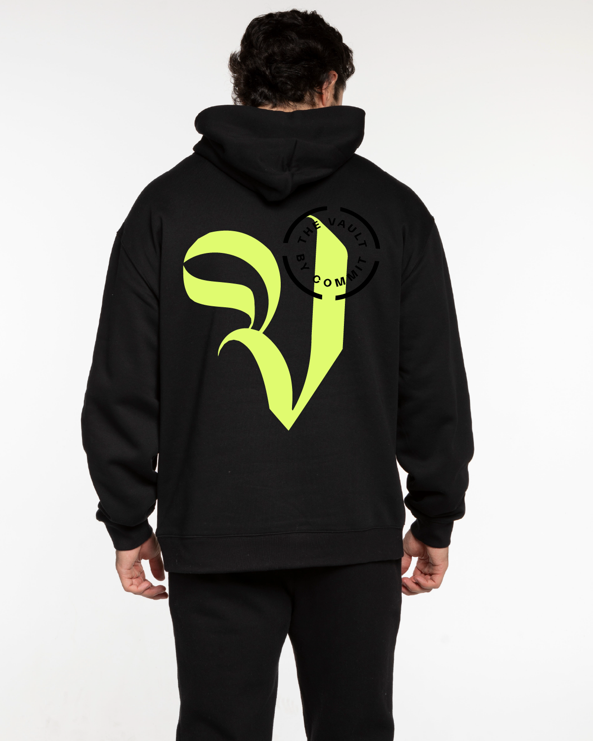 Commit Fitness Vault - Mens Hoodie - Black with Neon Yellow - Center