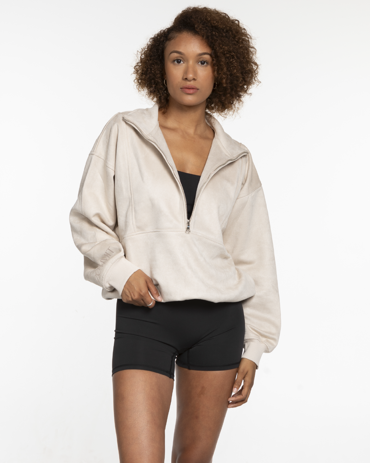 The Suede 1/2 Zip - Latte - Commit Fitness - Right Sleeve Wrist - Embroidered Tone on Tone