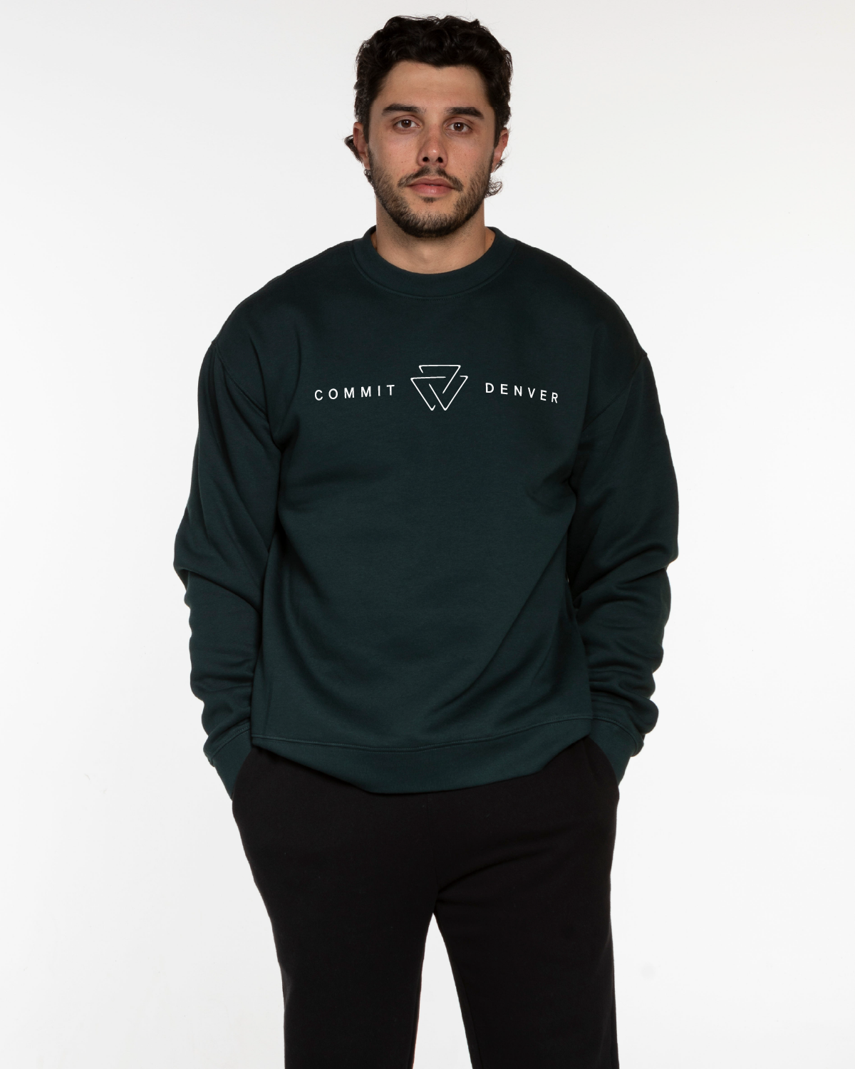 Commit Fitness - Mens Crewneck - Pine Green with White