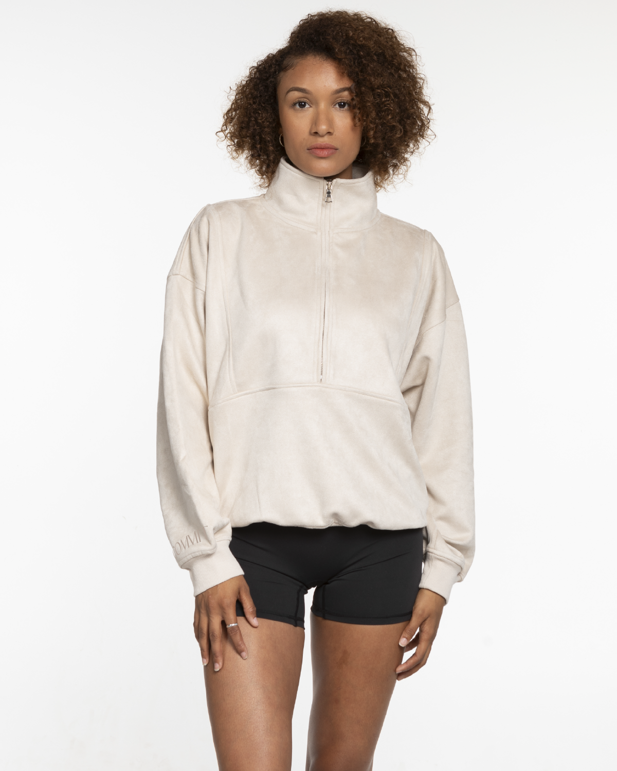 The Suede 1/2 Zip - Latte - Commit Fitness - Right Sleeve Wrist - Embroidered Tone on Tone