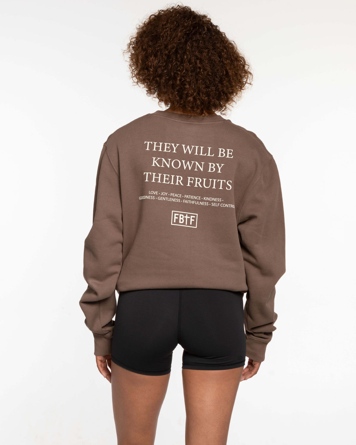 The Mens Classic Crewneck - Walnut - Fed By The Fruit - Chest Stacked & Back Stacked - Printed - Off White
