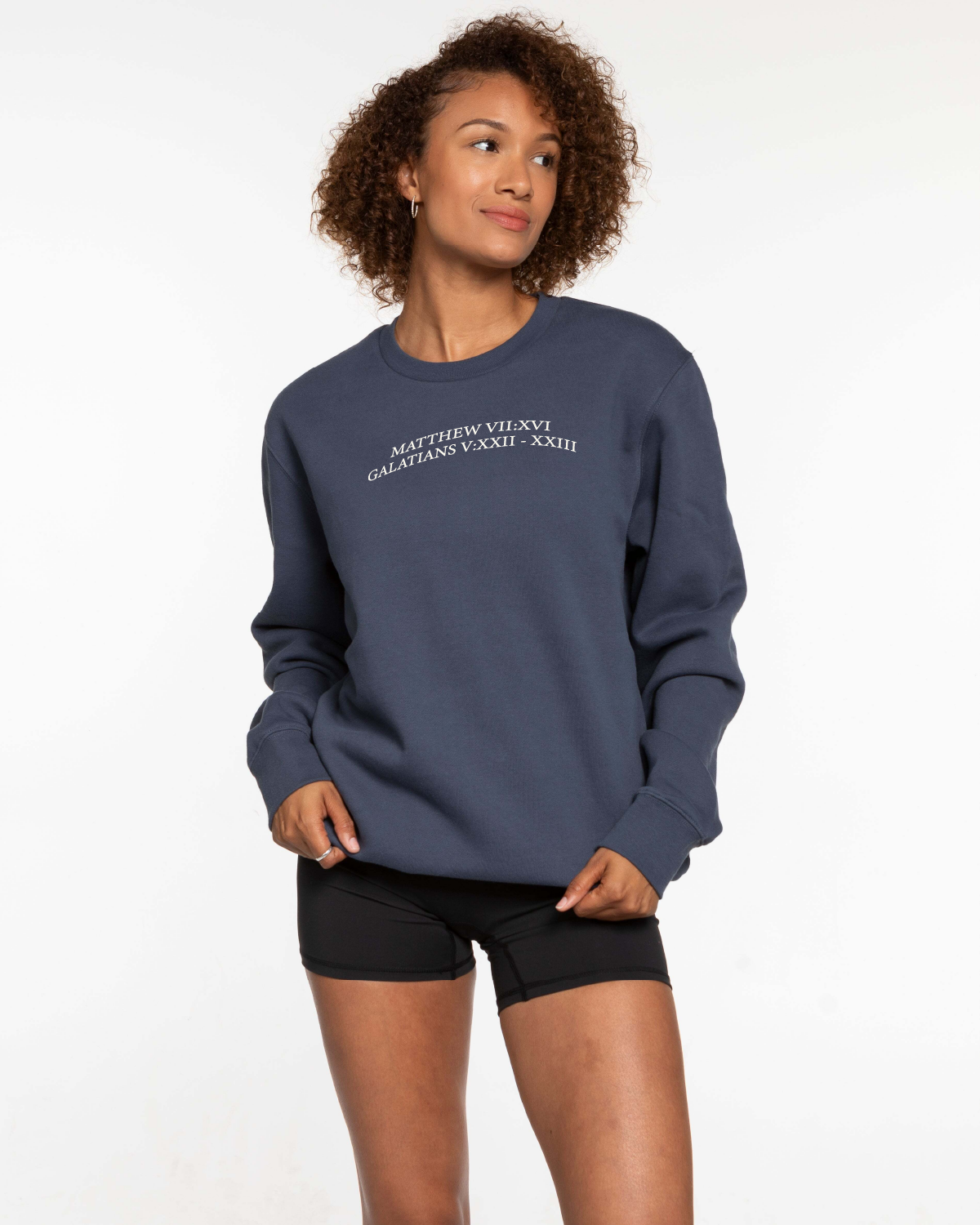 The Mens Classic Crewneck - Petrol - Fed By The Fruit - Chest Stacked & Back Stacked - Printed - Off White