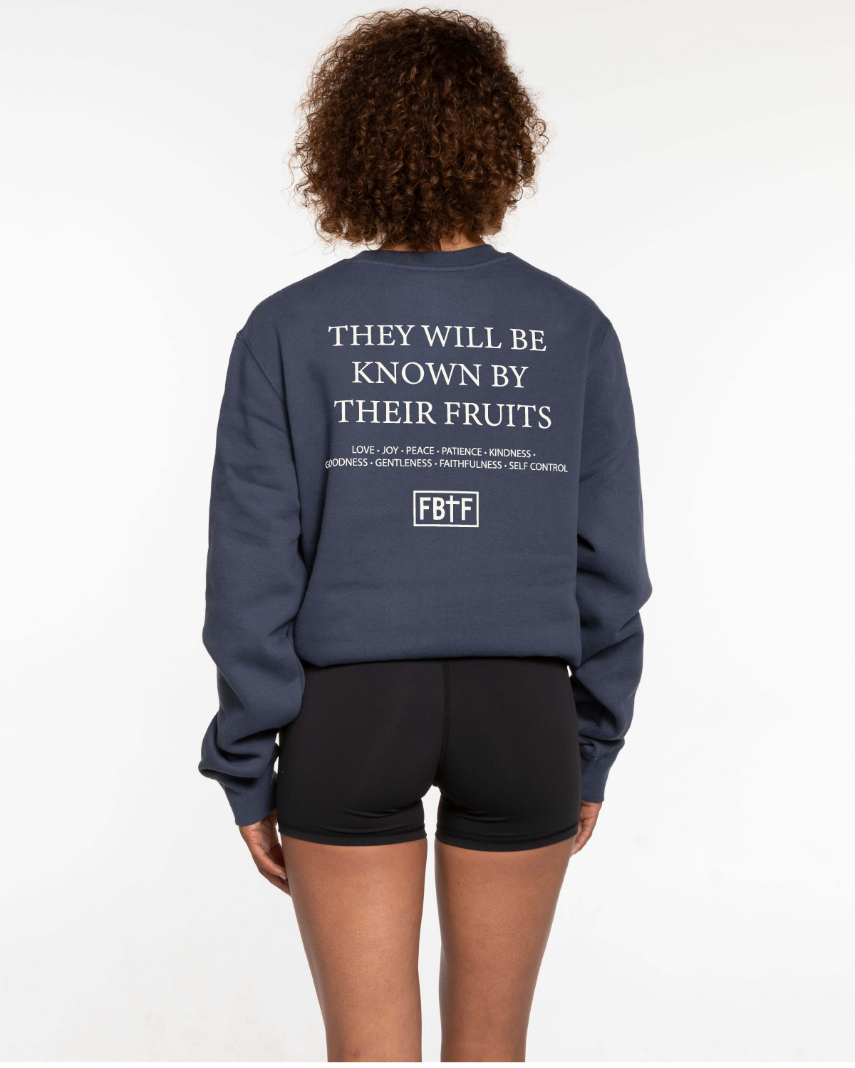 The Mens Classic Crewneck - Petrol - Fed By The Fruit - Chest Stacked & Back Stacked - Printed - Off White