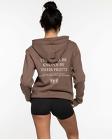 The Mens Classic Hoodie - Walnut -  Fed By The Fruit - Chest Stacked & Back Stacked - Printed - Off White