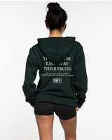 The Mens Classic Hoodie - Pine Green - Fed By The Fruit - Chest Stacked & Back Stacked - Printed - Off White