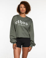 The Mens Heavyweight Long Sleeve - Cypress - Ethos Old English - Center Chest Stacked - White
