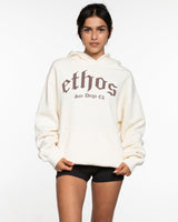 The Mens Hoodie - Washed Off White - Ethos Old English - Center Chest Stacked - Clay