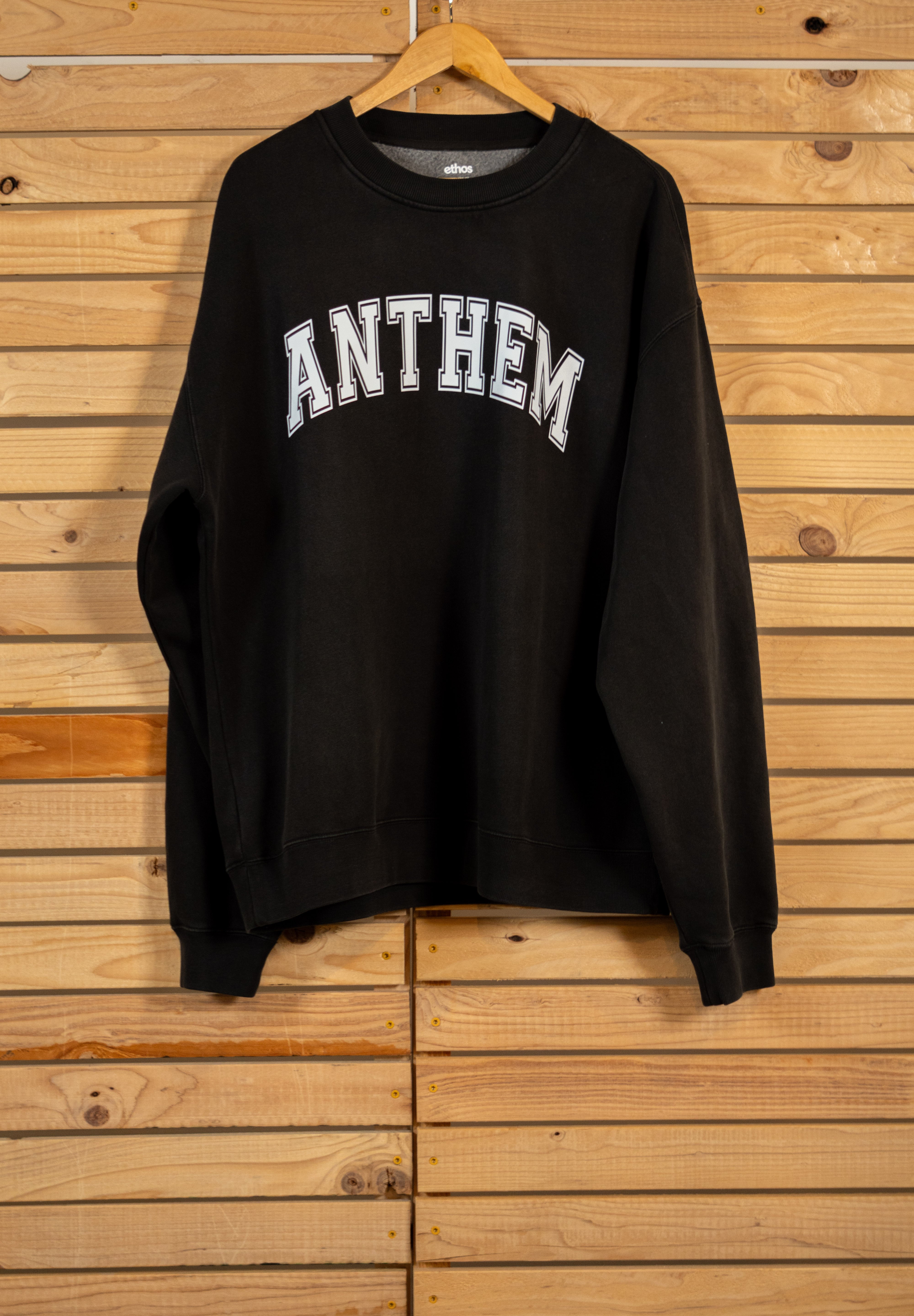 The Mens Crewneck - Washed Black - Anthem Church - Center Chest & Back Neckline - White