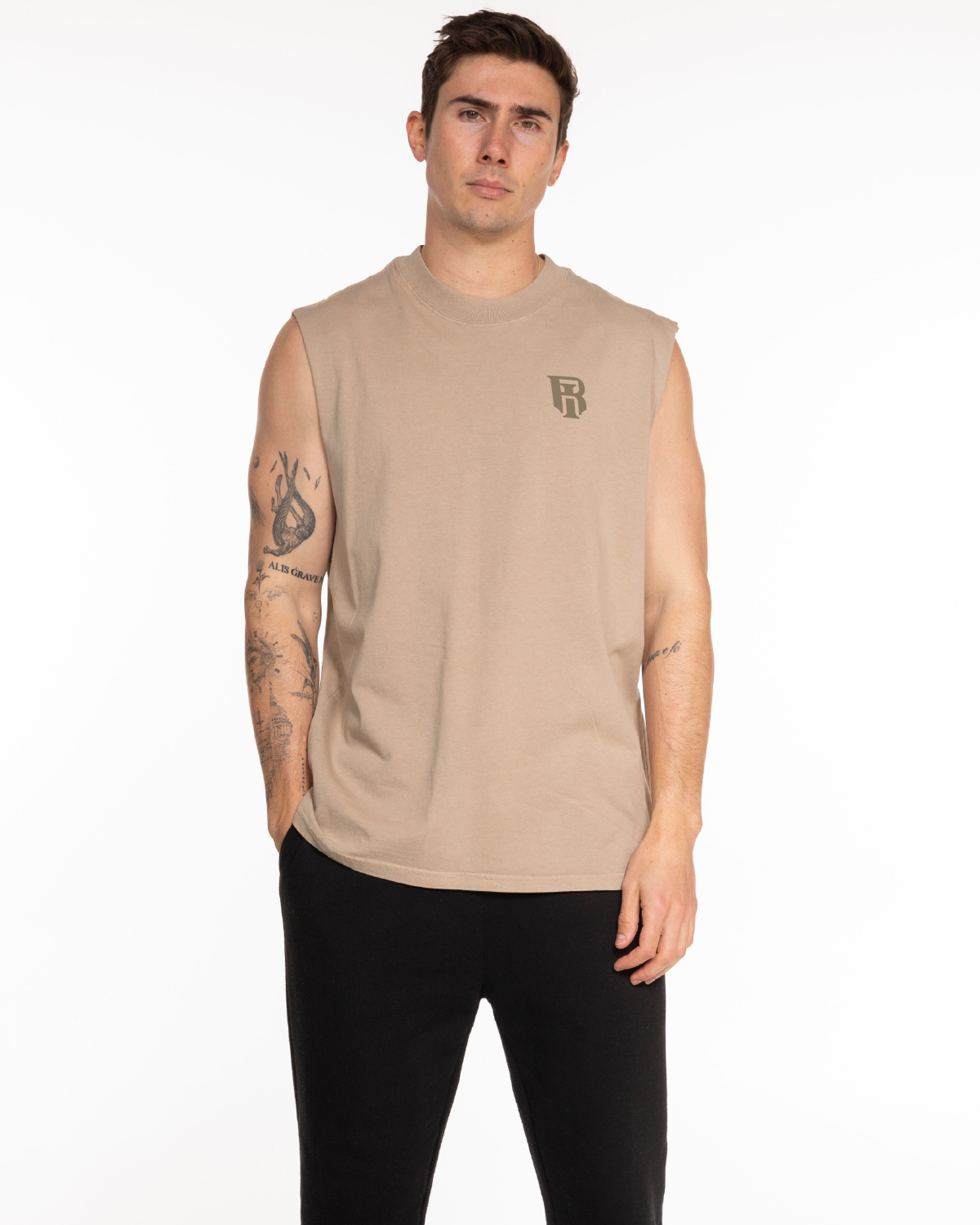 The Mens Heavyweight Tank - Washed Khaki - Irfitness LLC - Left Chest - Full Back - Printed - Tone on Tone