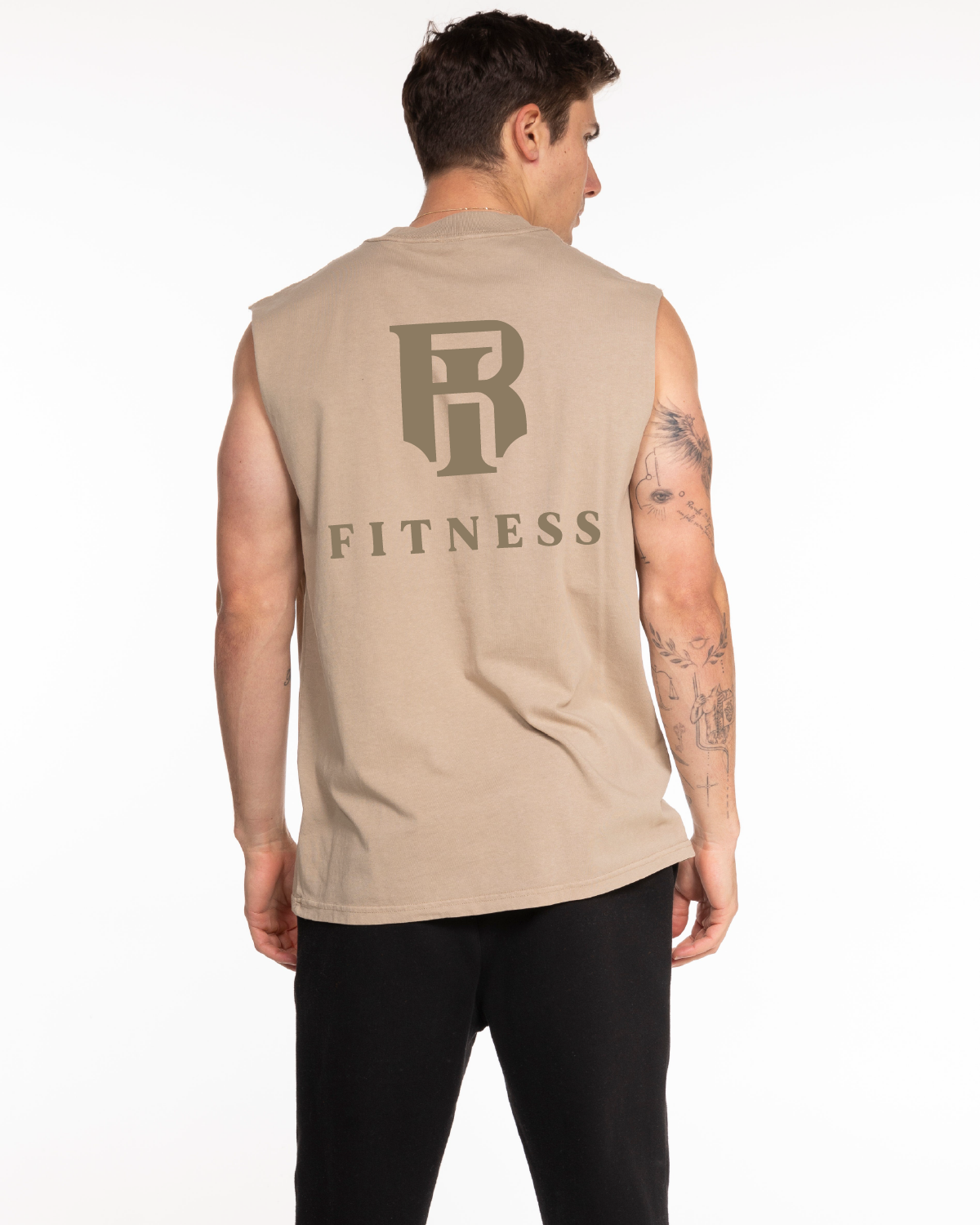 The Mens Heavyweight Tank - Washed Khaki - Irfitness LLC - Left Chest - Full Back - Printed - Tone on Tone
