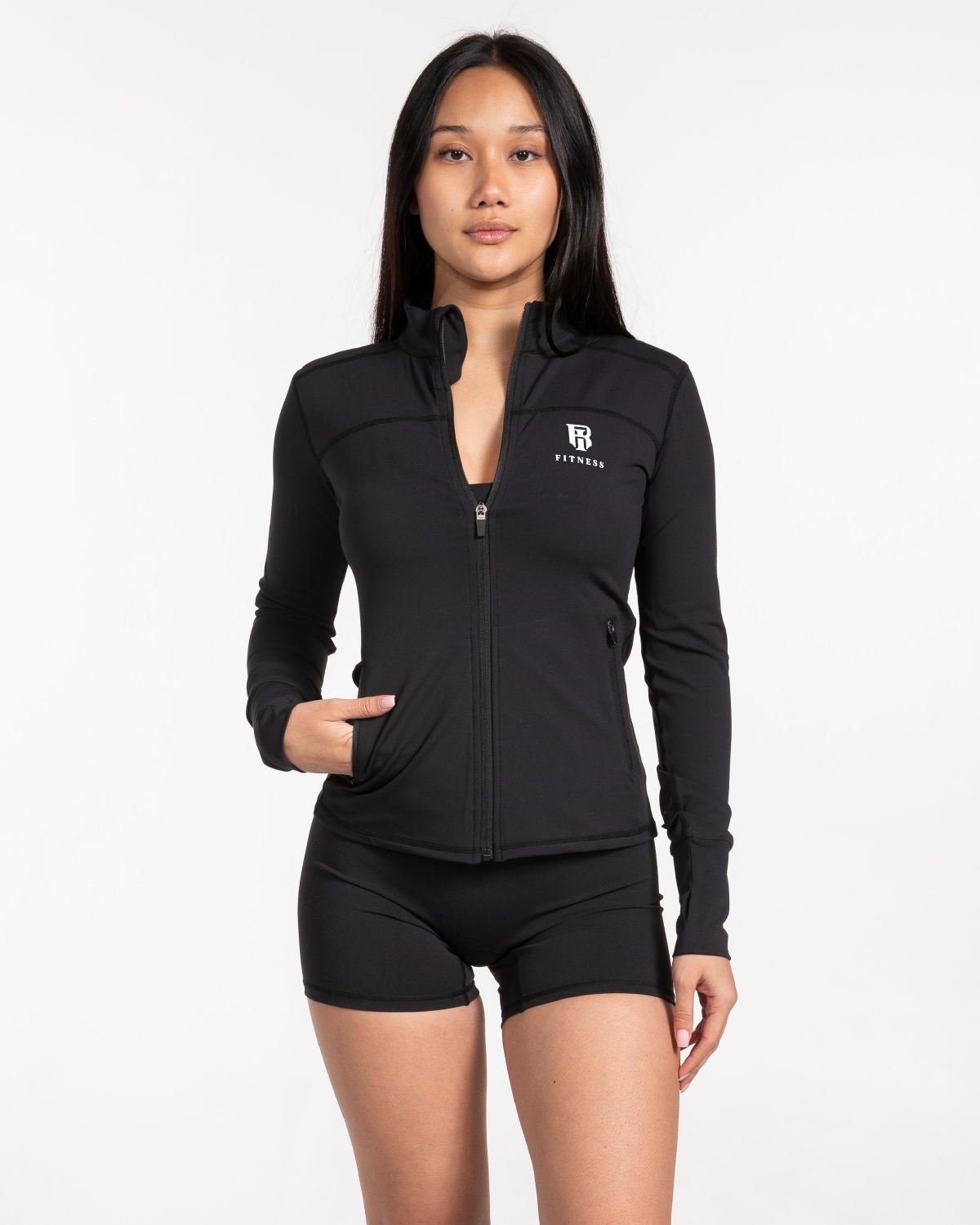The Womens Zip Jacket - Black - Irfitness LLC - Left Chest - Printed - White