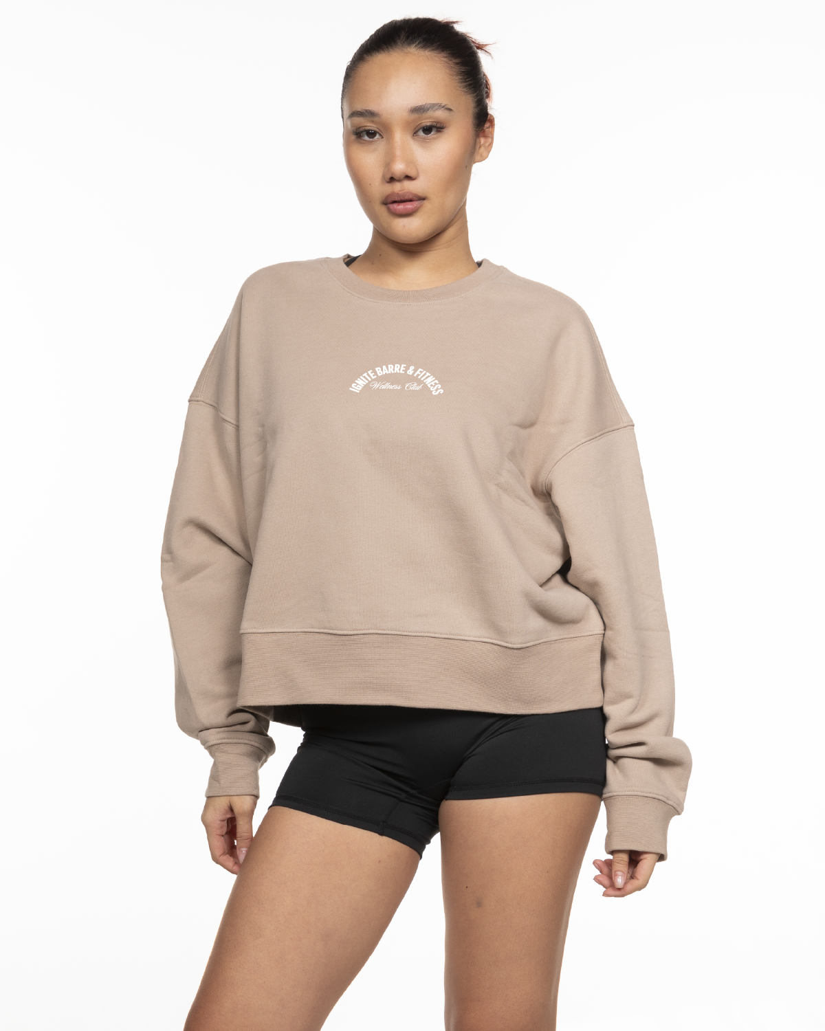 The Studio Crop - Taupe - Ignite Barre & Fitness - Center Chest Arc Stacked - Printed - White