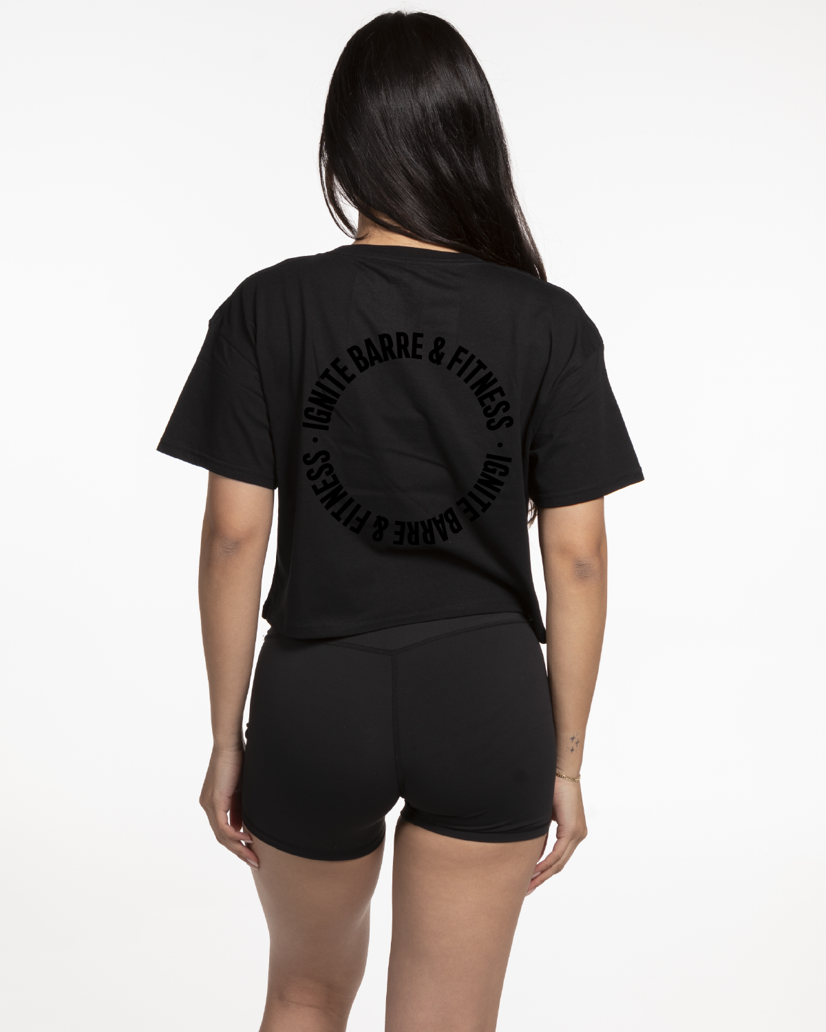 The Crop Tee - Black - Ignite Barre & Fitness - Center Chest & Back Round - Printed - Tone on Tone