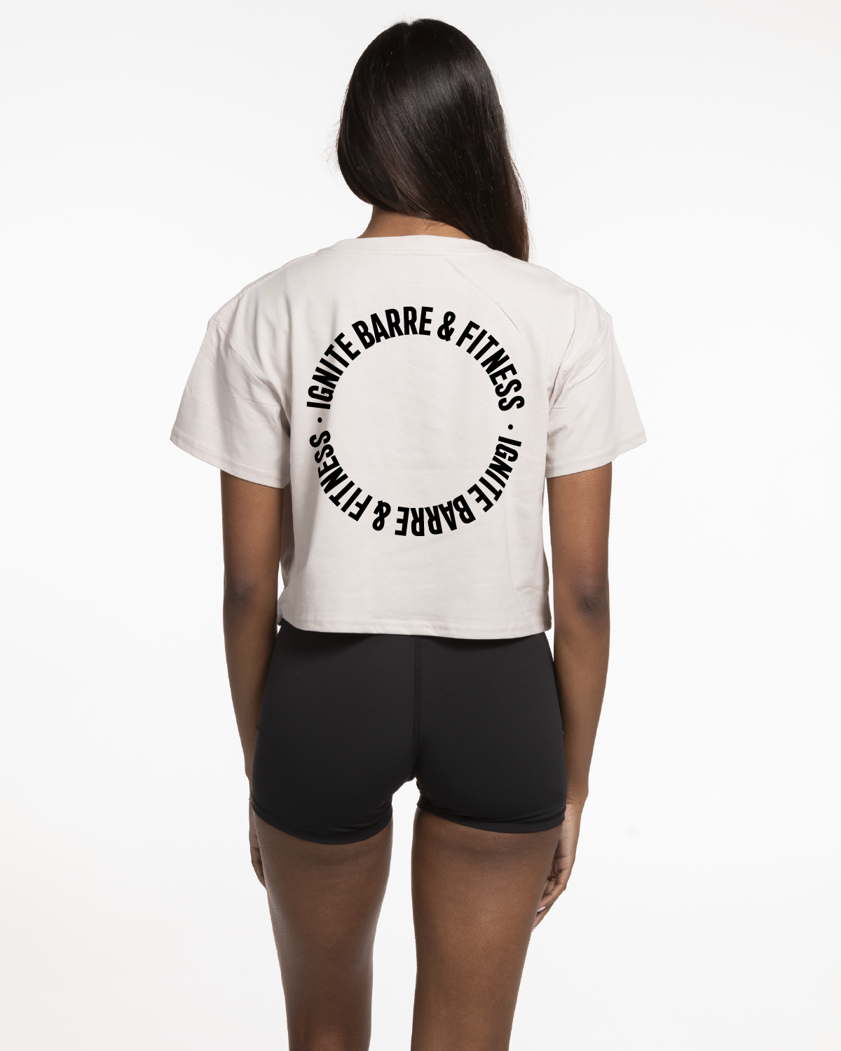 The Crop Tee - Bone - Ignite Barre & Fitness - Center Chest & Back Round - Printed - Black