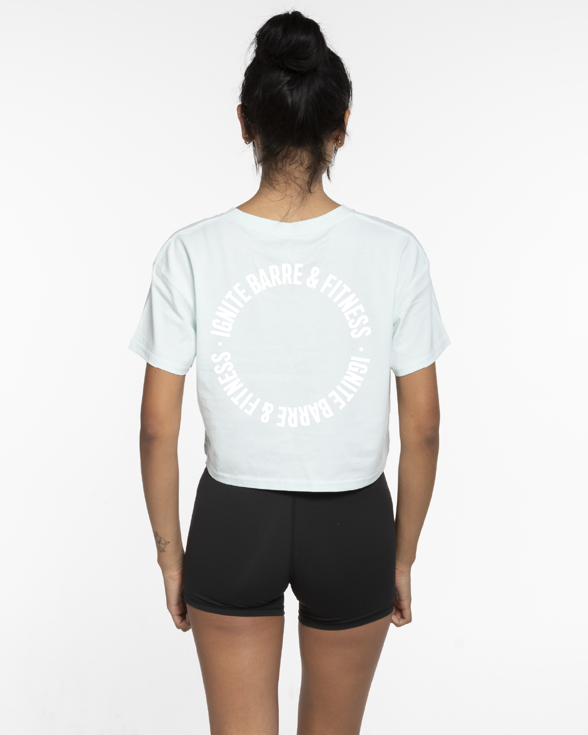 The Crop Tee - Seafoam - Ignite Barre & Fitness - Center Chest & Back Round - Printed - White