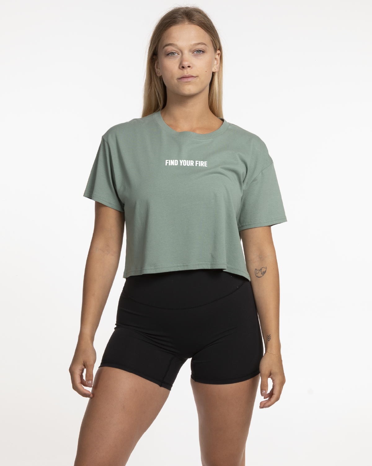 The Crop Tee - Sage - Ignite Barre & Fitness - Center Chest & Back Round - Printed - White