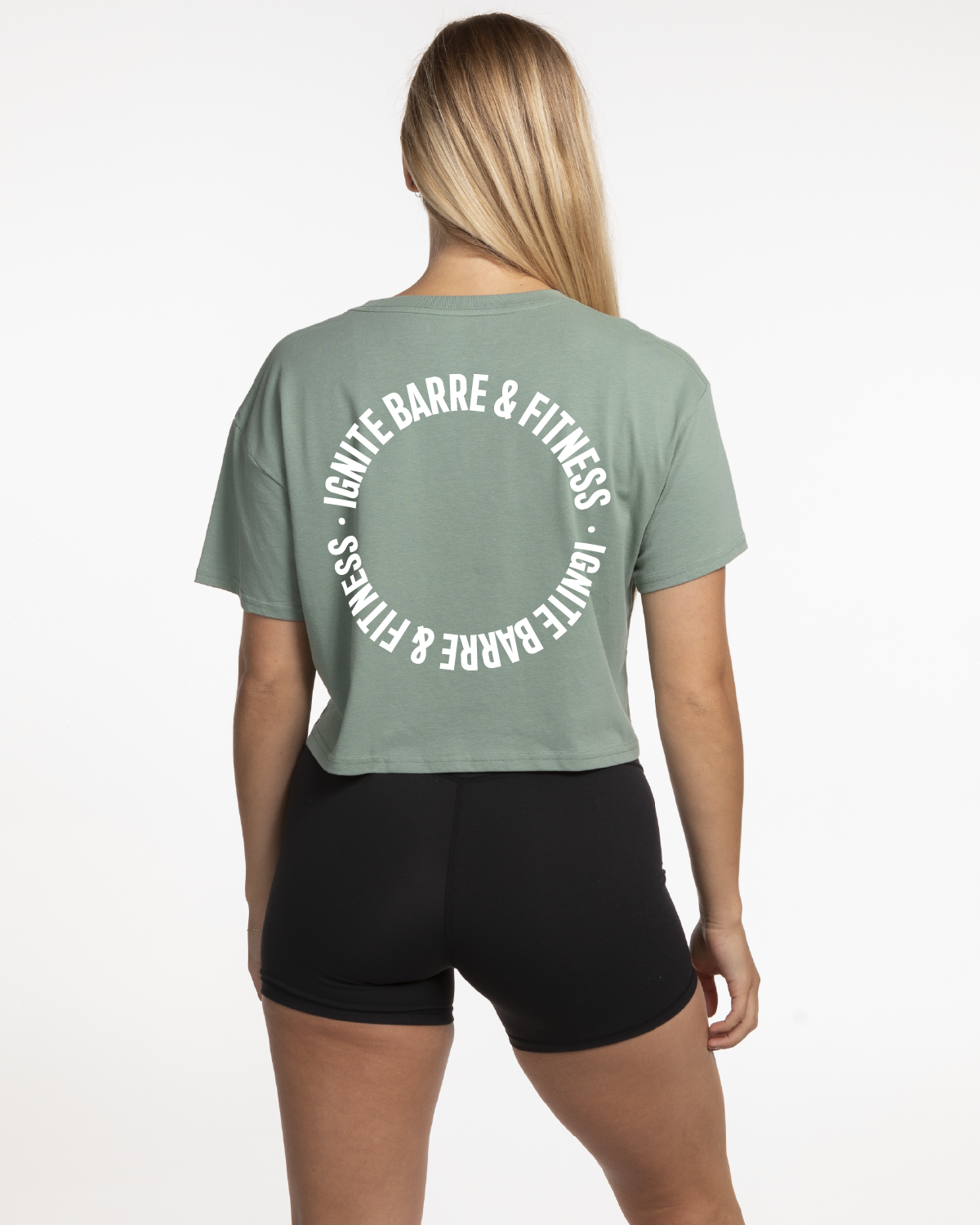 The Crop Tee - Sage - Ignite Barre & Fitness - Center Chest & Back Round - Printed - White