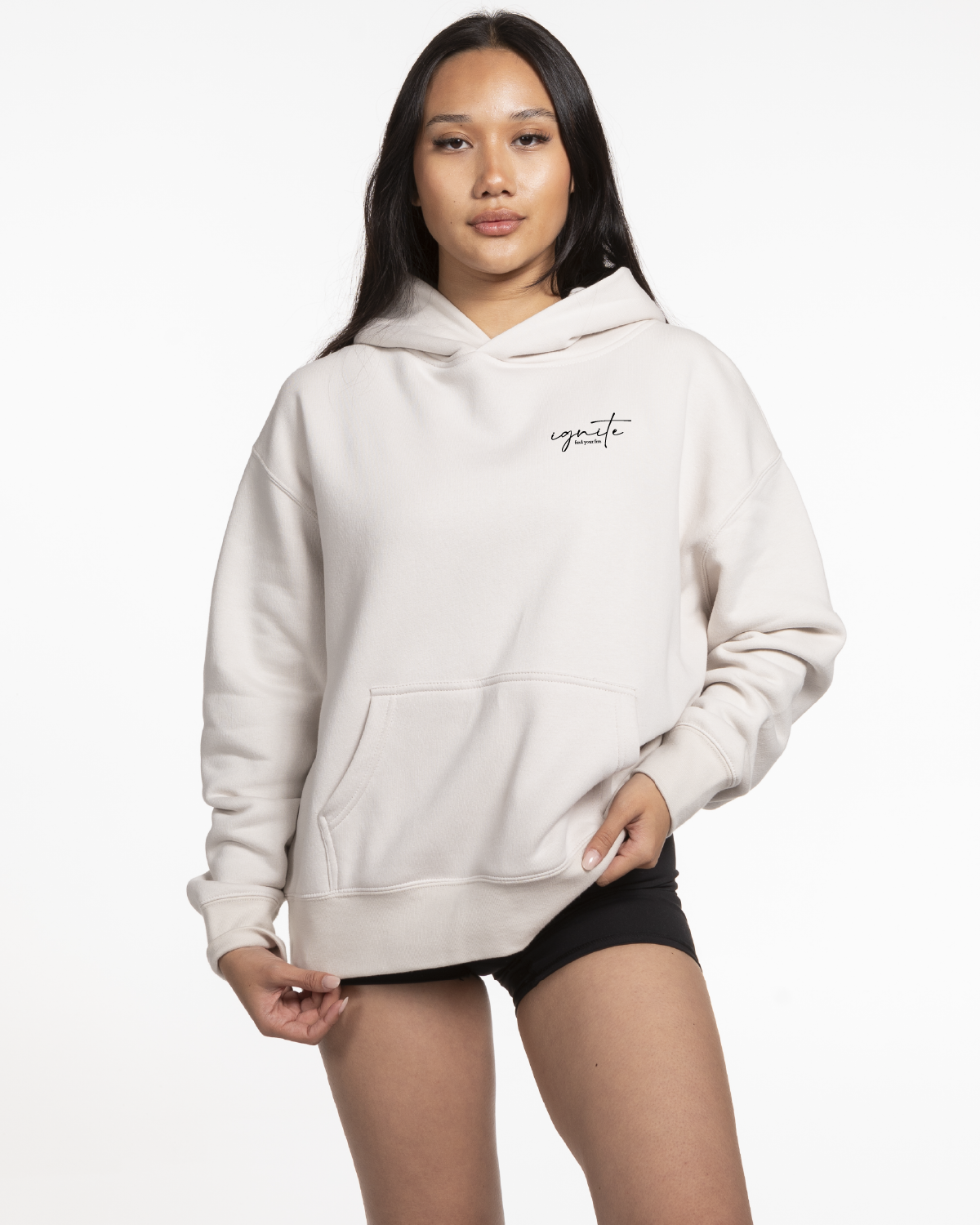 The Womens Hoodie - Bone - Ignite Barre & Fitness - Left Chest & Back Stacked - Printed - Black