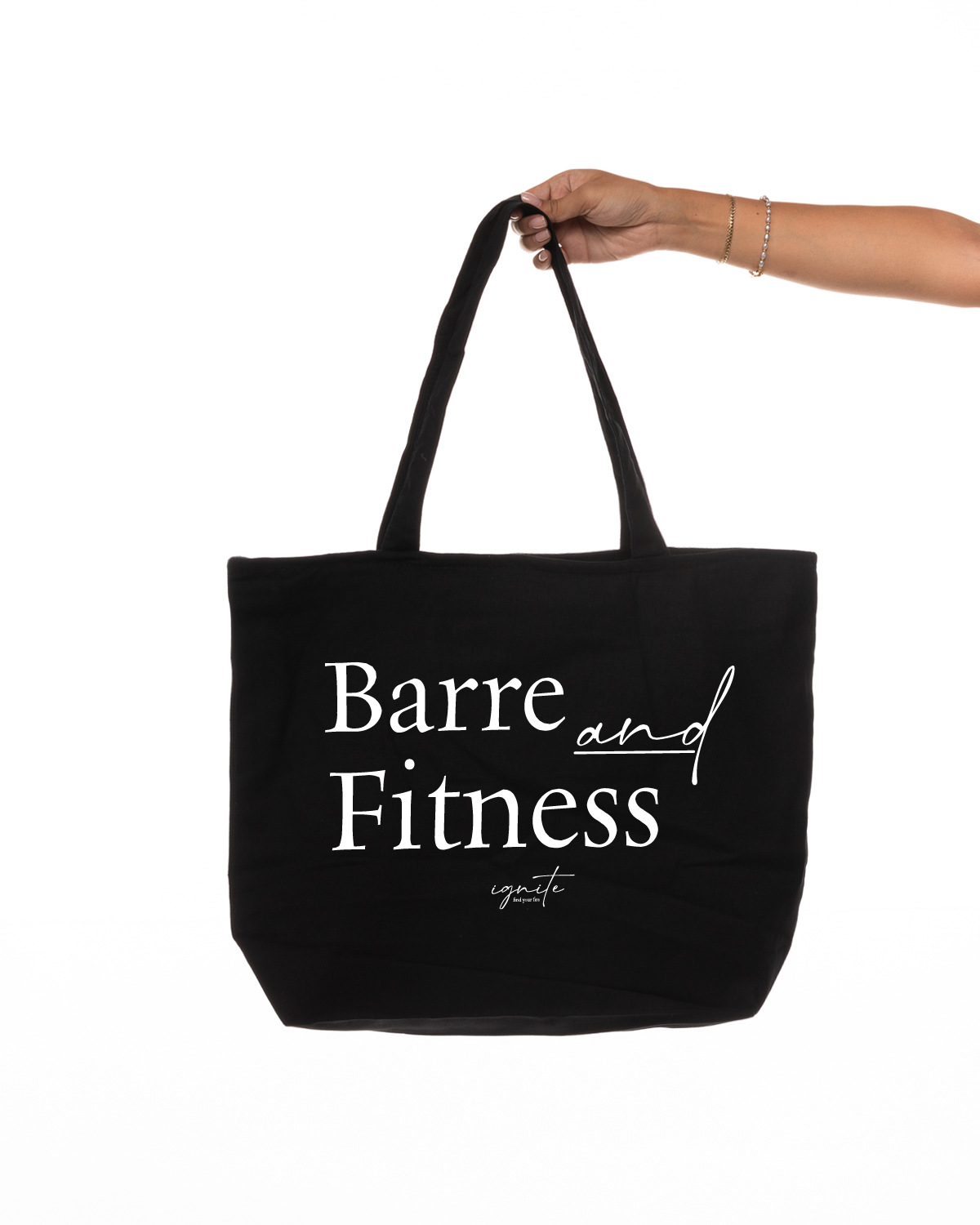 The Zipper Tote Bag - Black - Ignite Barre & Fitness - Center Body Stacked - Printed - White