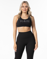 The Racer Bra - Black - Ignite Barre - Center Chest & Center Back - Printed - White