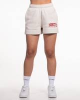 The Womens Sweat Shorts - Bone - Ignite Barre - Left Leg Stacked - Red Printed