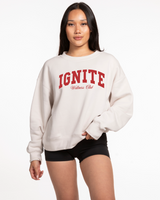 The Womens Crewneck - Bone - Ignite Barre - Center Chest Stacked - Red Printed