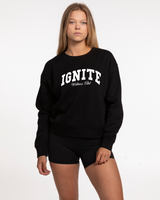 The Womens Crewneck - Black - Ignite Barre - Center Chest Stacked - White Printed