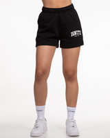 The Womens Sweat Shorts - Black - Ignite Barre - Left Leg Stacked - White Printed