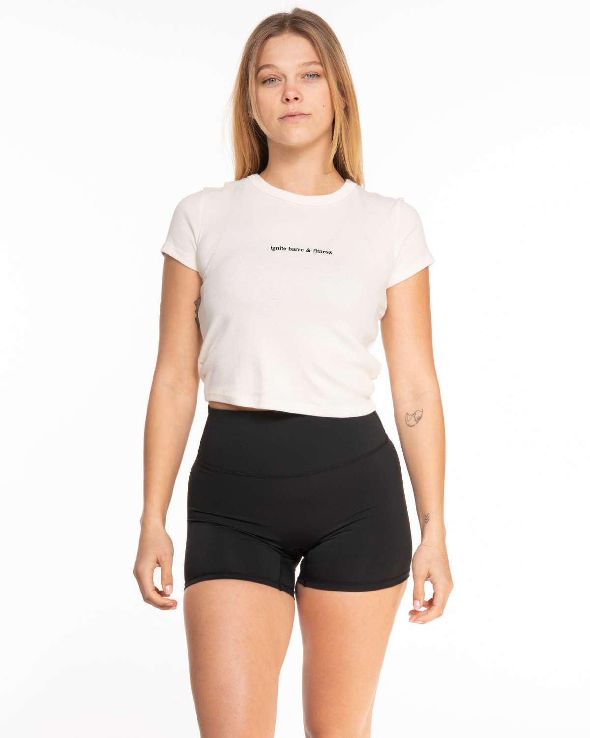 The Micro Rib Baby Tee - Natural - Ignite Barre - Center Chest - Black Printed